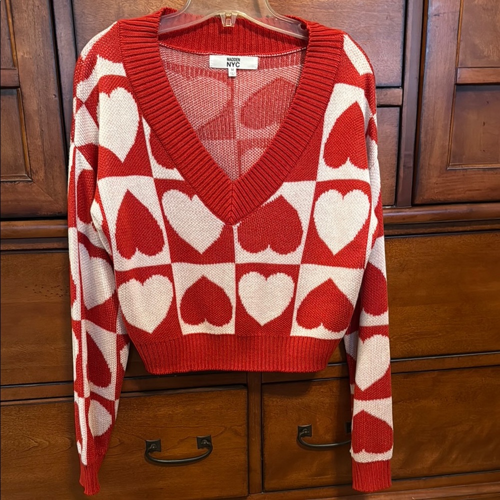 NYC Women's V-Neck Red and White Heart Sweater